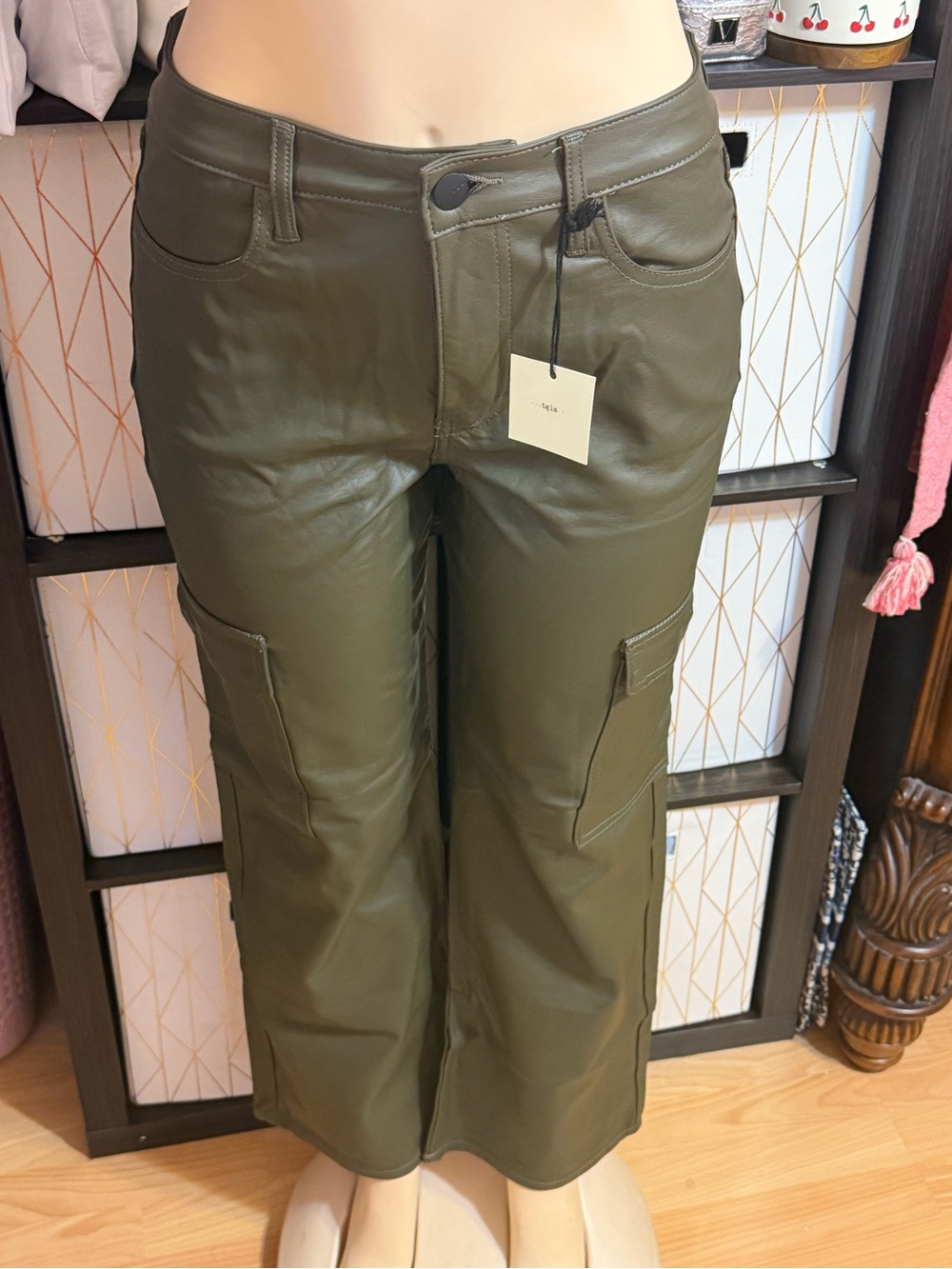 TGLA Olive Green Wide-Leg Cargo leather like